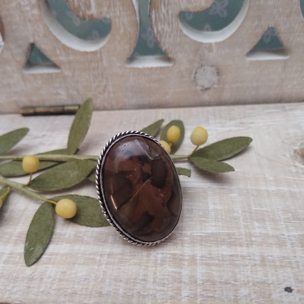 PETRIFIED WOOD STONE SILVER RING NWOT